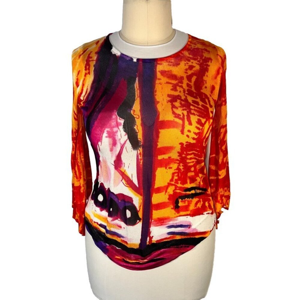 Dor Dor Couture Knit Tunic Womens M Vibrant Abstract Print Long Sleeve Asymmetri